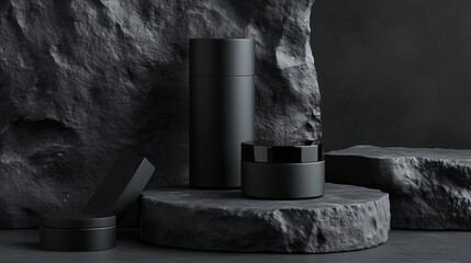 Poster - Modern black storage containers arranged artistically on textured stone surfaces in a minimalistic setting