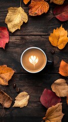 Autumn wooden background with bright colorful leaves and cup of coffee