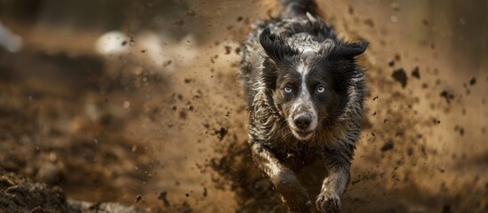 A dynamic shot of a mud covered Border Collie sprinting with ample copy space image