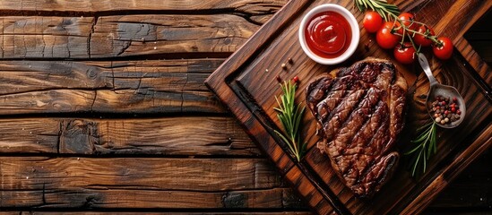 Top view copy space image of grilled beef steak with ketchup and condiments on a wooden cutting board