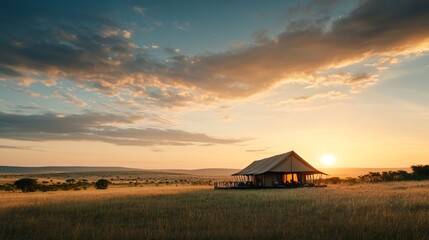 Wall Mural - Luxury safari tent at sunset in the savannah