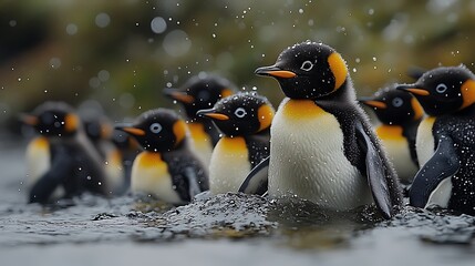 Wall Mural - A group of king penguins huddled together in the water, with some looking up at the camera.