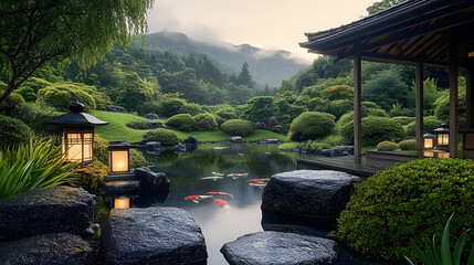 Quiet Japanese garden with a koi pond, lush greenery, and traditional stone lanterns, set against rolling hills.