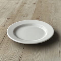 A simple white plate on a rustic wooden surface, ideal for food presentation and culinary photography.