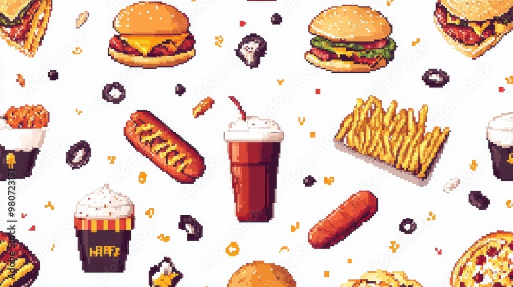 Pixel Art Fast Food Vector Set with Burger,pizza,Soda,Ice Cream,Hot Dog ...