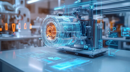 A computer monitor displays a 3D image of a machine