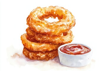 A stack of crispy onion rings served with a side of dipping sauce.