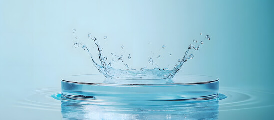 Canvas Print - Empty circular glass podium placed on clear blue water with splashes in a mockup scene ideal for highlighting natural purity and a fresh feel of cosmetic product displayed in the copy space image