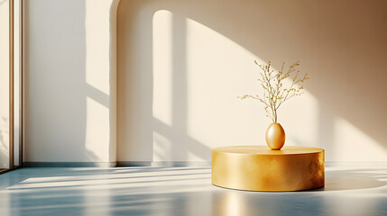 A modern golden podium with geometric shape displaying a minimalist sculpture.