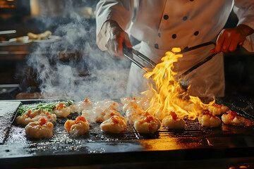 A skilled chef preparing a delicious teppanyaki meal on a sizzling grill.