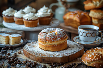 Wall Mural - A table with a variety of pastries and coffee cups. Scene is cozy and inviting, with the pastries and coffee cups arranged in a way that makes them look delicious and ready to be enjoyed