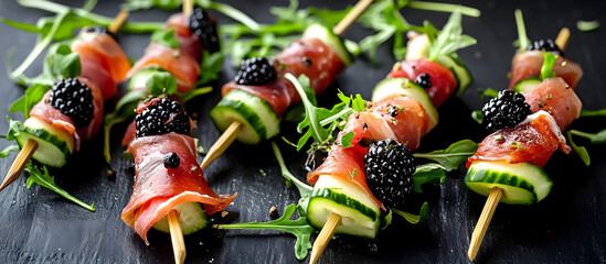 Sticker - Party appetizers consisting of skewered prosciutto blackberries cucumber and arugula creating a colorful and tasty combination on a copy space image