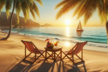 two chairs on sandy beach, sunny day color