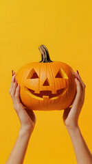 Wall Mural - Hands holding a carved Halloween pumpkin, isolated on a yellow background.