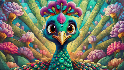 Wall Mural - oil painting style cartoon character illustration  Portrait of beautiful peacock on an abstract background