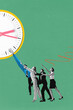 © master1305 - Group of business people reaching for large clock on, emphasizing struggle with time, urgency, and deadlines. Contemporary art collage. Concept of business, time management, deadlines