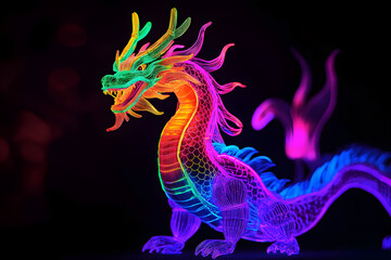 Wall Mural - Neon dragon toy silhouette isolated on black background