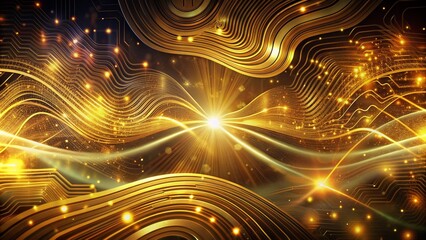 Poster - Shimmering golden circuitry patterns and swirling digital waves merge to create a futuristic abstract background evoking cutting-edge innovation and artificial intelligence.