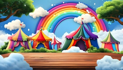 Wall Mural - Whimsical carnival scene with colorful tents, fluffy clouds, wooden deck, and a vibrant rainbow perfect for fantasy and celebration themes