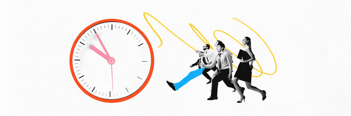 Wall Mural - Three business people running toward clock, signifying race against time. Chaos of hurry. Finishing projects in time. Contemporary art collage. Concept of business, time management, deadlines