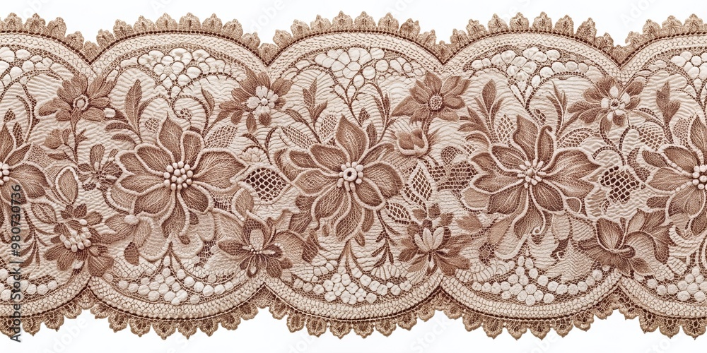Delicate lace fabric with intricate vintage pattern on a transparent ...