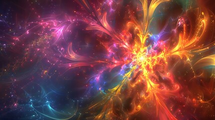 Poster - Dynamic neon fractal with bright, vivid hues, expanding across a star-filled space horizon, creating a sense of depth and motion