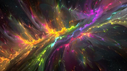 Poster - Dynamic neon fractal with bright, vivid hues, expanding across a star-filled space horizon, creating a sense of depth and motion