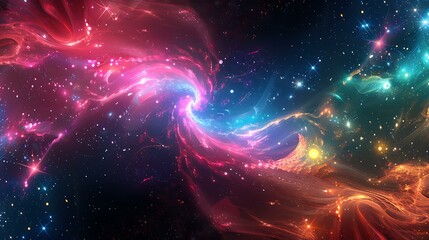 Poster - Dynamic neon fractal with bright, vivid hues, expanding across a star-filled space horizon, creating a sense of depth and motion