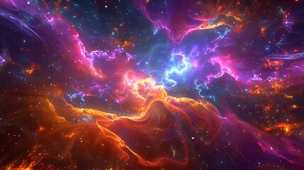 Poster - Dynamic neon fractal with bright, vivid hues, expanding across a star-filled space horizon, creating a sense of depth and motion