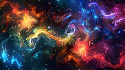 Poster - Vibrant abstract neon fractal pattern with swirling, glowing shapes, set against a dark, starry space background