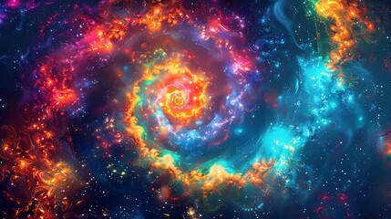 Poster - Vibrant abstract neon fractal pattern with swirling, glowing shapes, set against a dark, starry space background