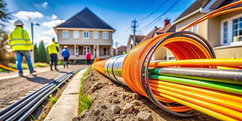 A close-up of a fiber optic cable being installed in a residential area, highlighting the connection of high-speed