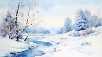 Wall Mural - winter snowy landscape by river watercolor illustration