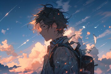 profile portrait of anime boy with black hair with backpack sunrise sky with clouds background