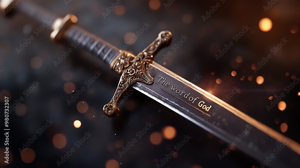 Close-up of a medieval sword with intricate details on the hilt and a ...
