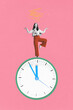 © master1305 - Woman balancing serenely on top of clock, striking meditative pose, signifying need for calm amidst pressures of time management. Contemporary art collage. Concept of business, time control, deadlines