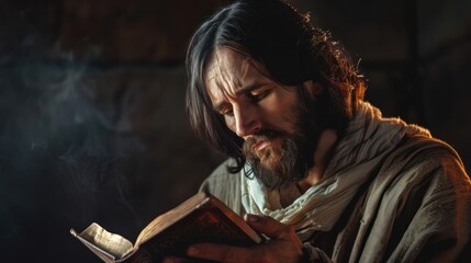 Jesus Christ with a peaceful expression, holding a Bible and praying quietly