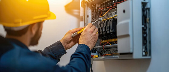 A man in a yellow hard hat is working on a power box. He is using a screwdriver to remove a panel