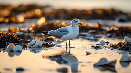 Wall Mural - At dawn, a seagull’s reflection is captured in tide pools, surrounded by shells and seaweed.