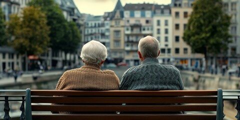 Two seniors sit on a bench facing away.