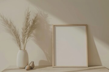 Poster - simple wooden frame mockup hangs on the wall of an empty room with white walls, white armchairs and plants.