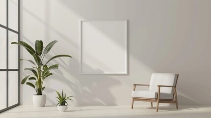 Poster - simple wooden frame mockup hangs on the wall of an empty room with white walls, white armchairs and plants.