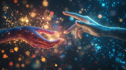 Digital Love Connection - Abstract Visualization of two hands reaching through digital interface symbolizing online romance and connection.