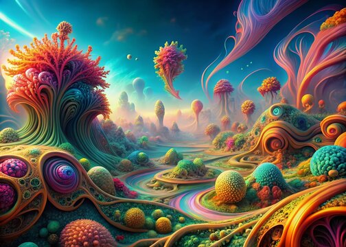 Vibrant organic structure resembling a coral reef or alien landscape, featuring swirling tendrils, iridescent hues, and intricate textures in a mesmerizing 3D abstract rendering.