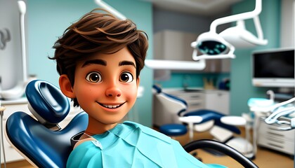 Wall Mural - Cheerful teenage boy in a cartoon hospital, happily sitting in a dentists chair for a dental examination with a friendly specialist