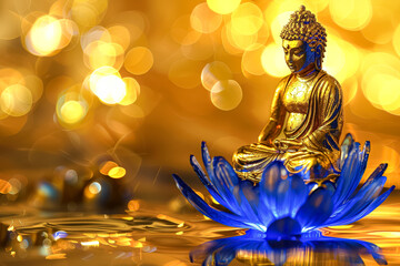 Wall Mural - A gold statue of a Buddha is sitting on a blue flower. The statue is surrounded by a blue background, which gives the impression of a peaceful and serene atmosphere