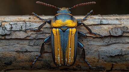 Wall Mural - A close-up of a golden beetle with black stripes on its back, perched on a weathered branch.