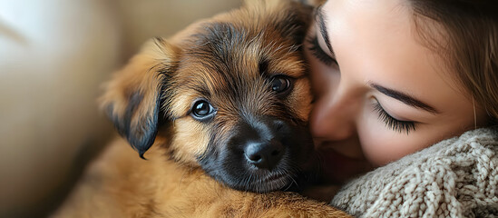 Woman cuddles playful Border Terrier puppy in a cozy home setting with a copy space image opportunity