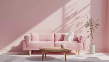 Canvas Print - Pink sofa on pink wall background with plants beside it