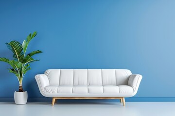 Poster - White sofa on blue wall background with copy space and green plants beside it.